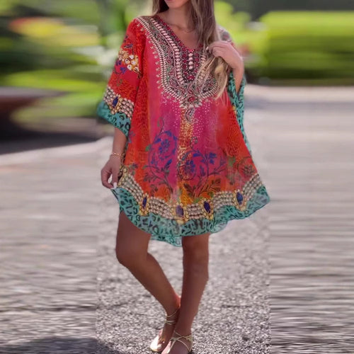Dame Kaftan med elegant V-udskæring og funkende print Stilla