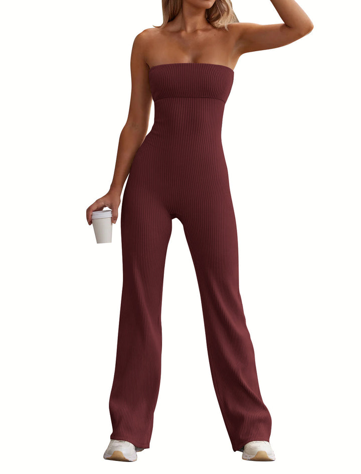 Damer stilfuld langbenet jumpsuit med ribbet design og off-shoulder snit Stilla