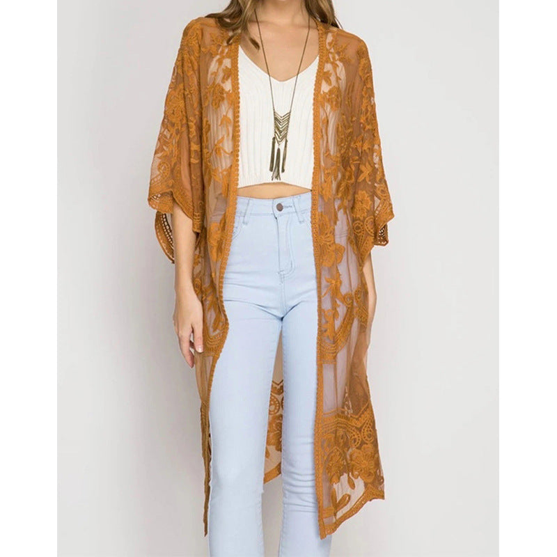 Dame luftig Crochet-Kimono med blomsterdetaljer Stilla