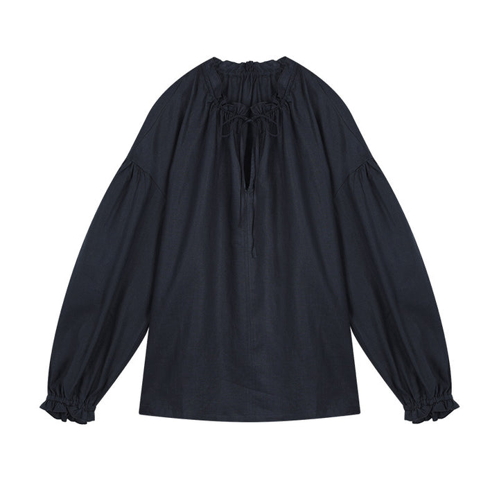 Dame afslappet bluse shirt med detaljeret snøre og puffærmer Stilla