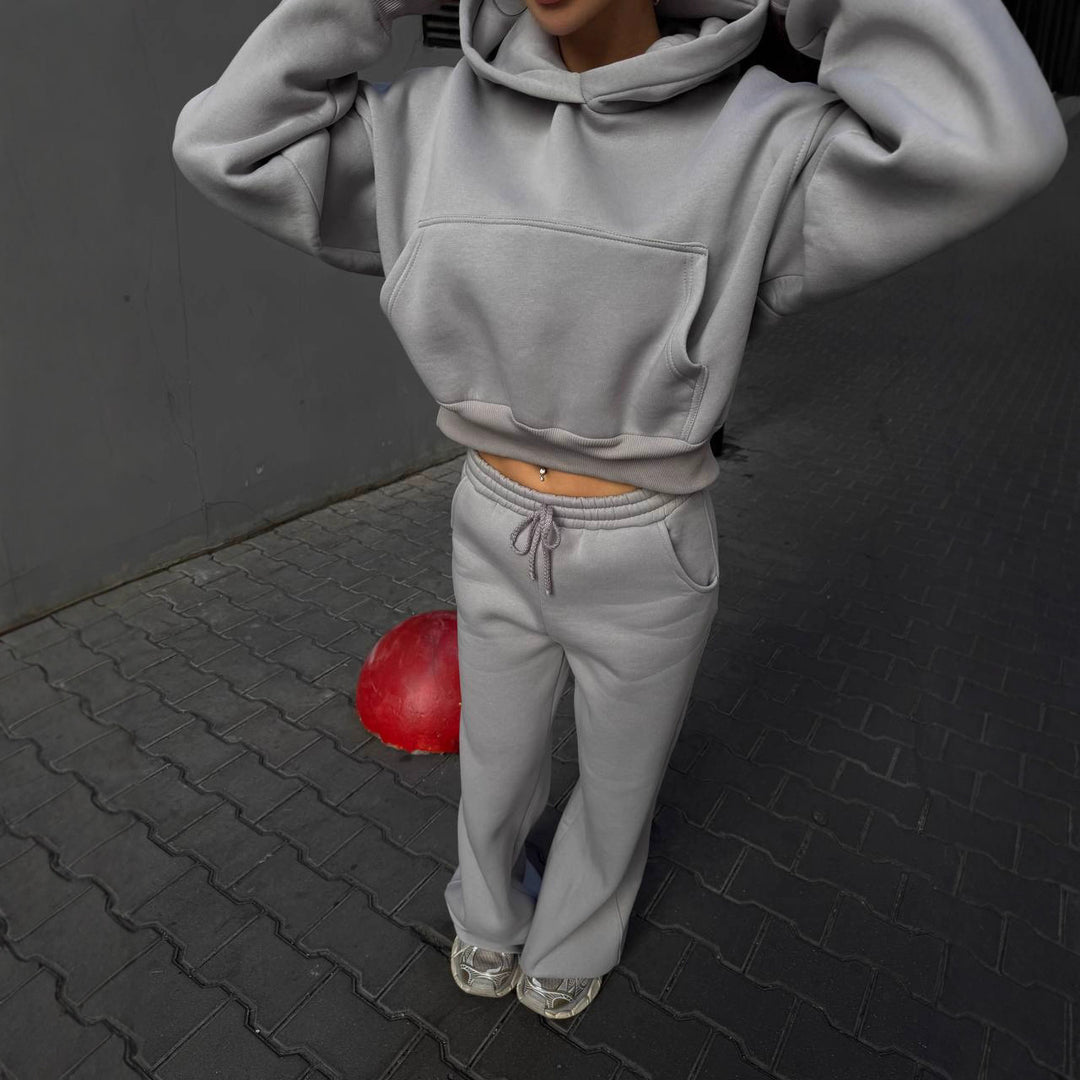 Kvinder casual cropped hoodie og bredsnit joggers sæt Skovae