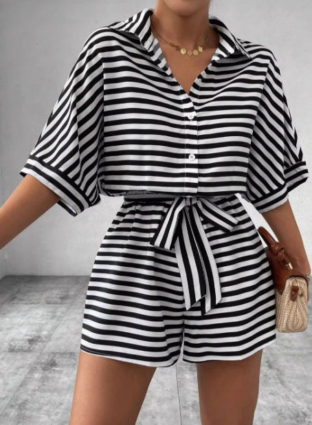Dame Relaxed Fit Stribet Bindefront Overall Sæt Stilla