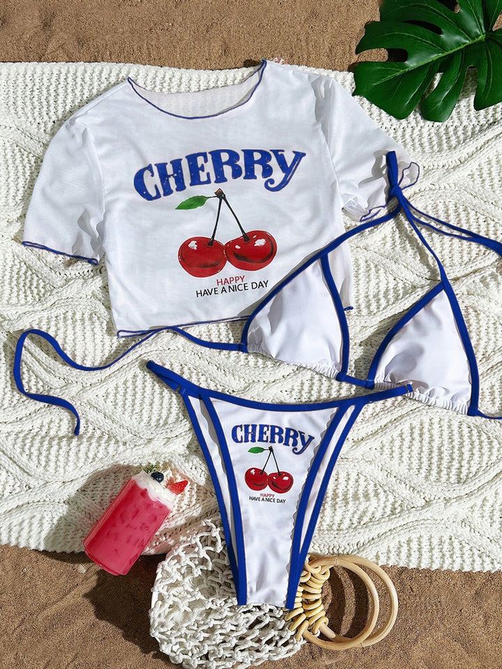 Dame bikini-sæt med trendy kirsebærmotiv og afslappet crop-top Skovae