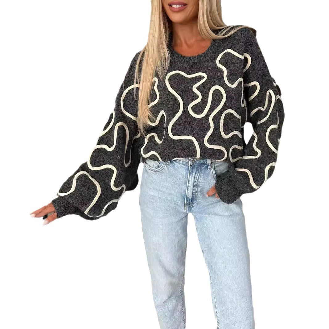 Kvindernes hyggelige strikkede sweater med kunstnerisk mønster Stilla