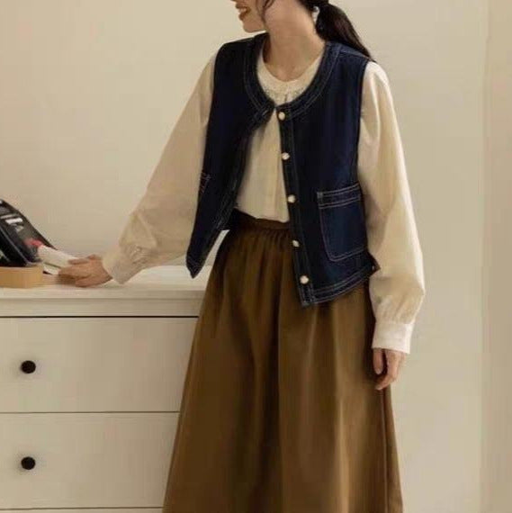 Kvinderne denimvest med perleknapper Stilla