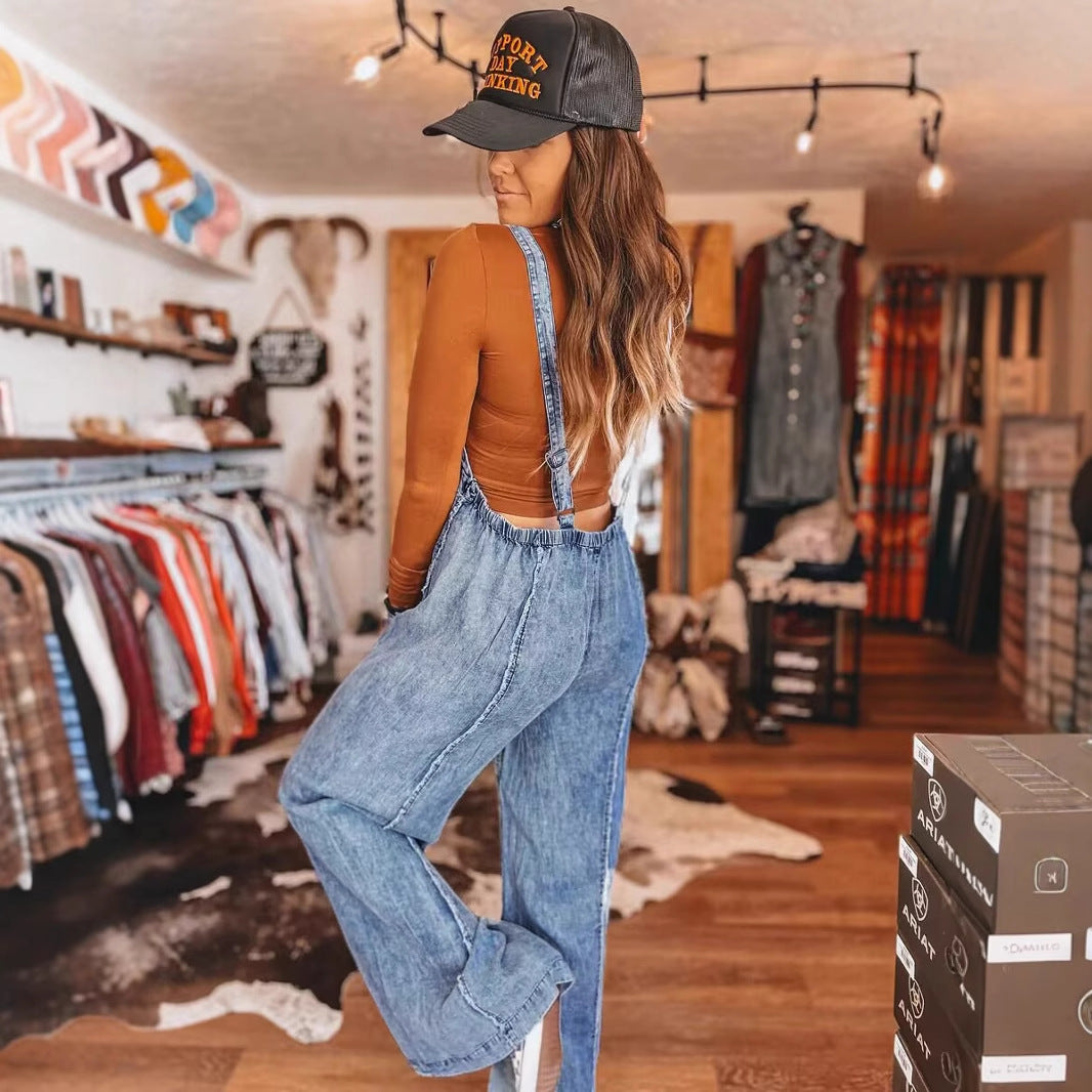 Dame denim overalls med brede ben og praktiske lommer Stilla