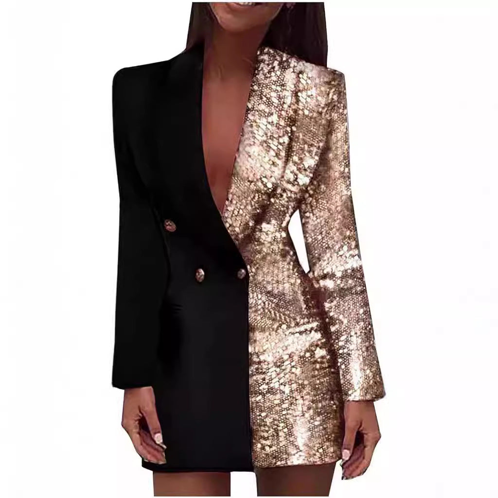 Kvinders Glamourøse Blazer Kjole med Glitrende Effekt og Dyb U-Hals