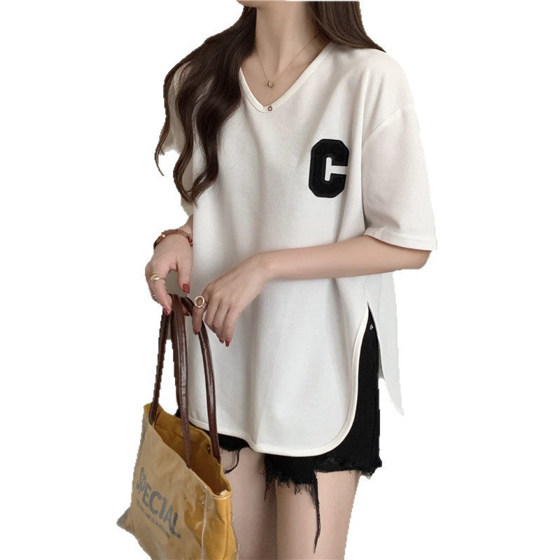 Dame Casual V-Hals Oversized T-Shirt med kontrastdetaljer Stilla