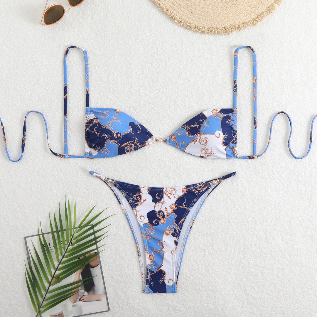 Damer Triangel-Bikini med justerbare stropper og elegant blomstertryk Skovae