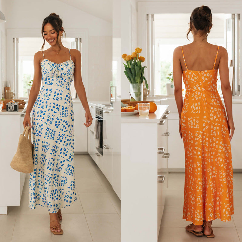 Kvinders Maxi Kjole med Justerbare Spaghetti Stropper og Blomsterdesign Stilla