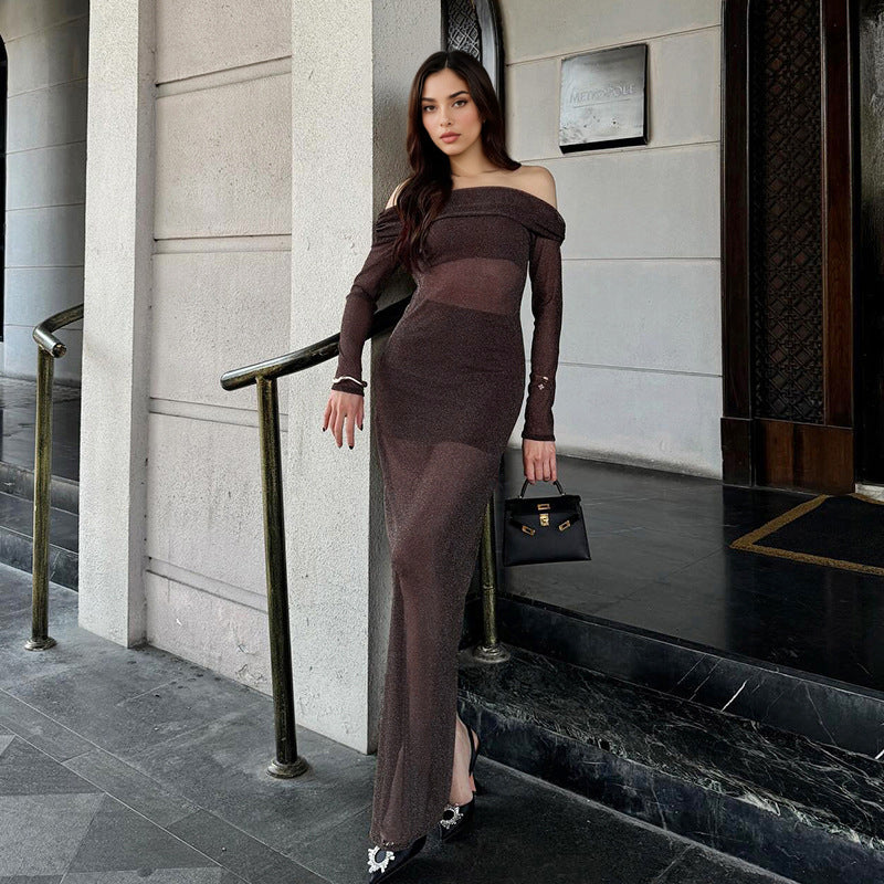 Dame elegant off-shoulder maxikjole med flæsedetaljer Skovae