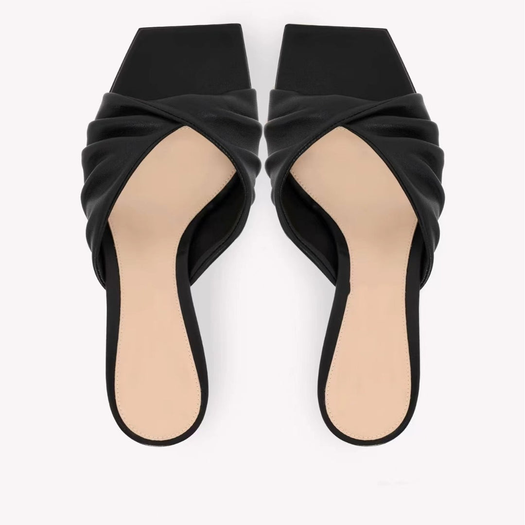 Dame Strappy Åben Tå Hæle Mules med Plissé-Detail  Stilla