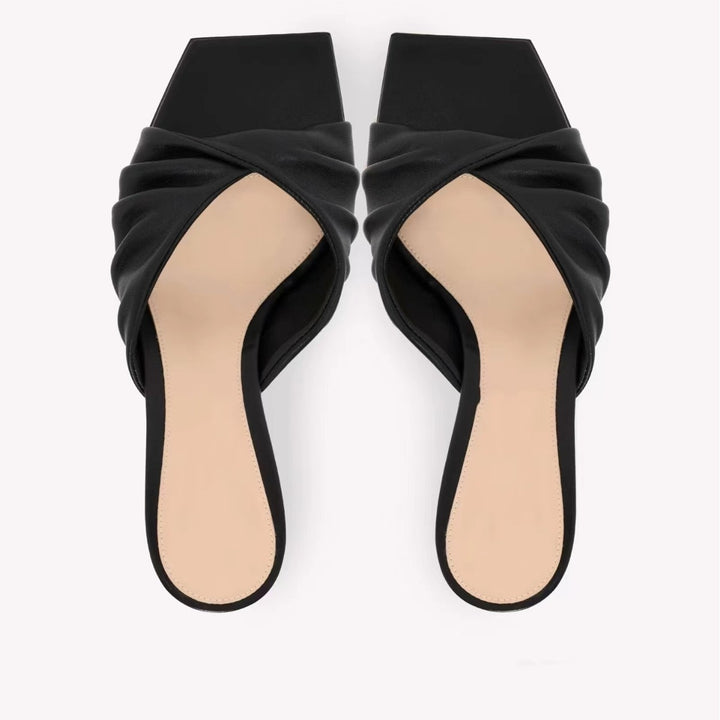 Dame Strappy Åben Tå Hæle Mules med Plissé-Detail  Stilla