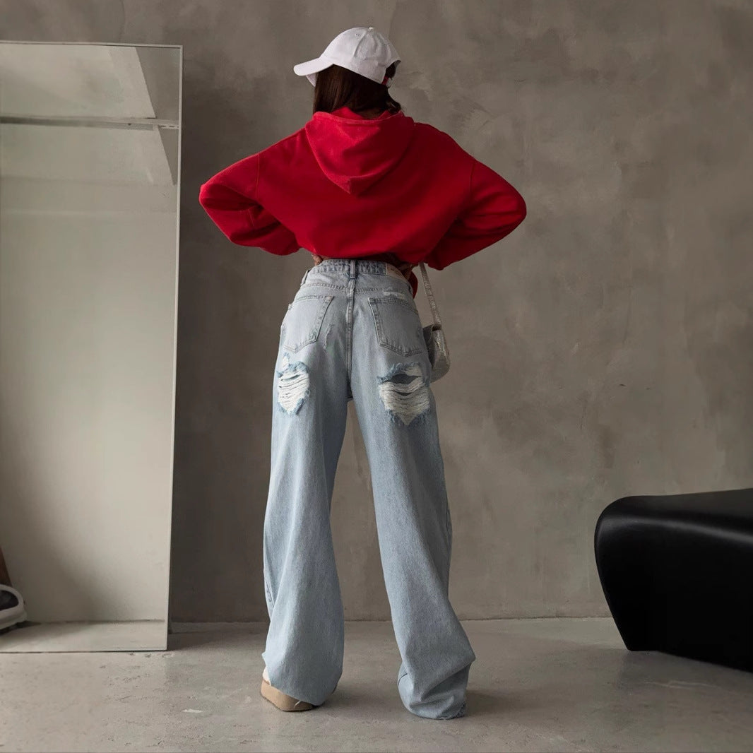 Kvinders Baggy Jeans i Vintage Stil med Slidte Detaljer og Høj Talje Stilla