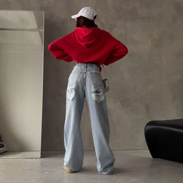 Kvinders Baggy Jeans i Vintage Stil med Slidte Detaljer og Høj Talje Stilla