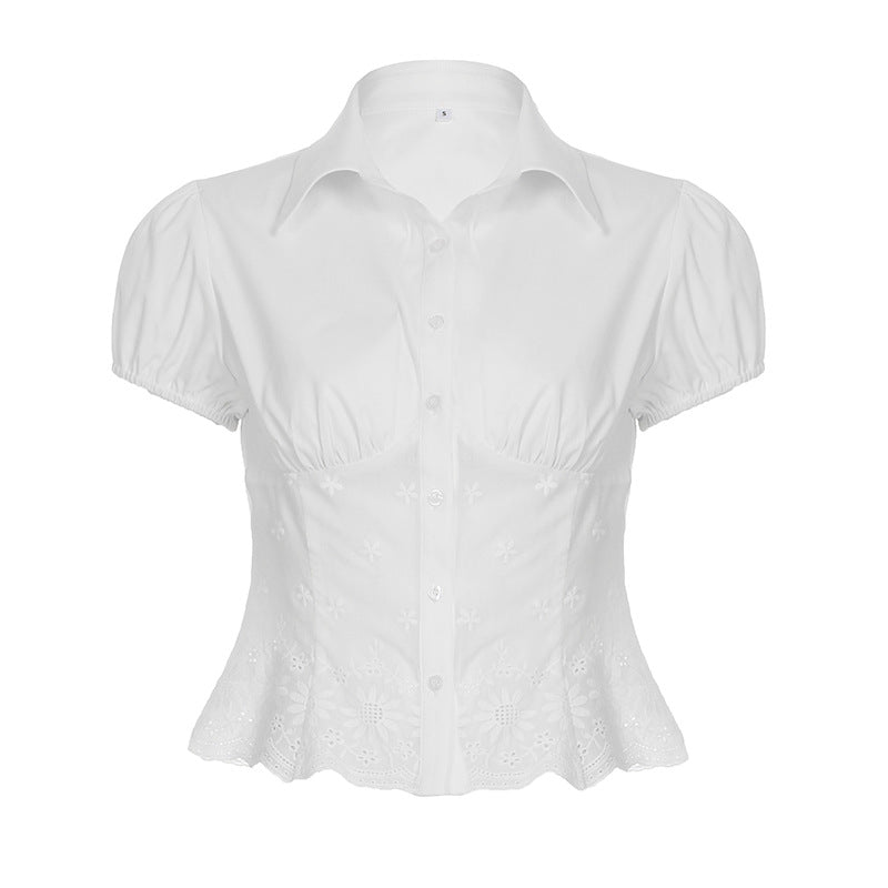Damen elegante Bluse mit floralen Stickereien und gepufften Ärmel Skovae