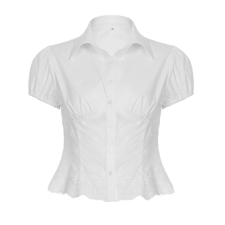 Damen elegante Bluse mit floralen Stickereien und gepufften Ärmel Skovae
