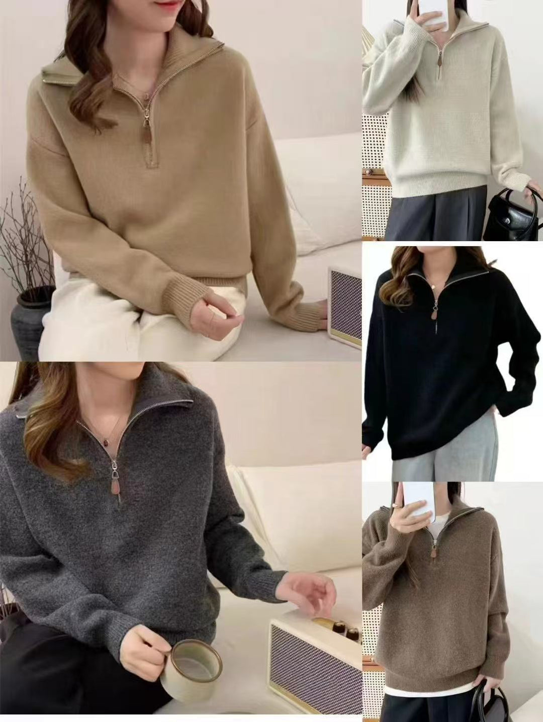 Kvinders mode sweater med høj hals og lynlås