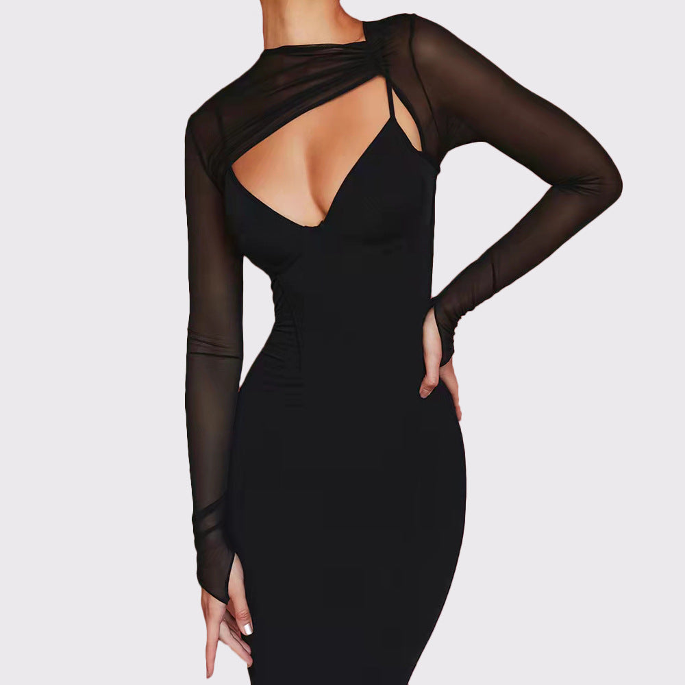 Dame Bodycon Kjole med rynket overdel og gennemsigtig ærmedesign Stilla
