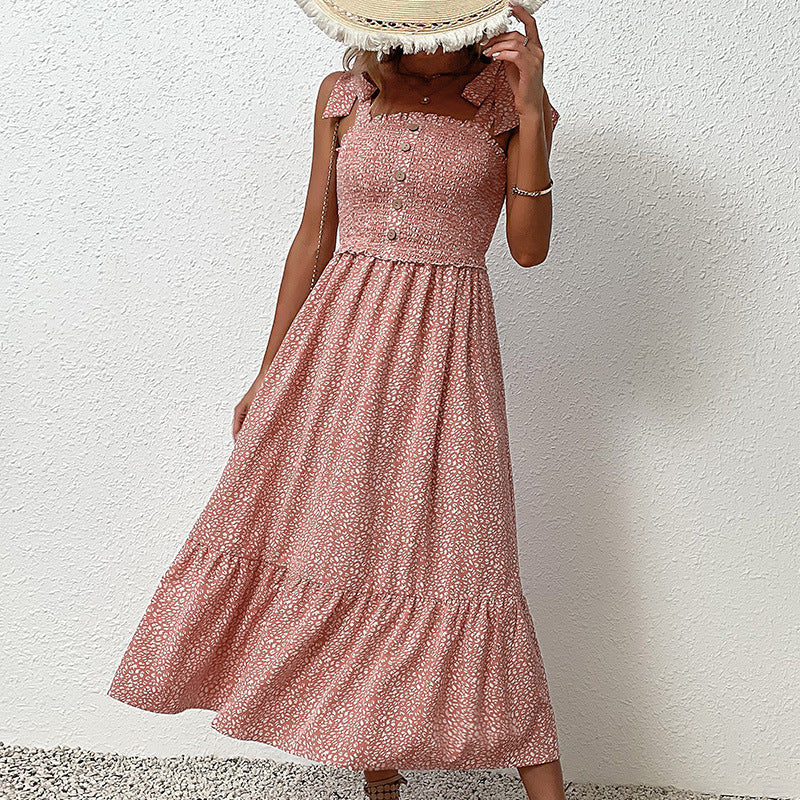 Fru Rüschendetaljer Floral Maxi Sommerkjole med Knaplook Stilla
