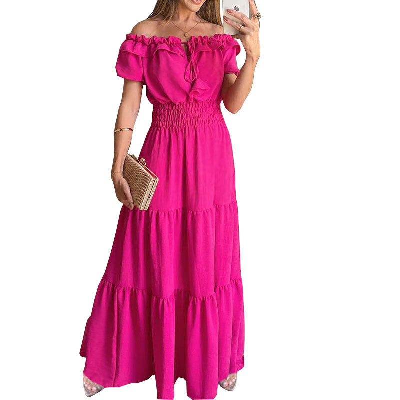 Dame Off-Shoulder Maxikjole med Rüsch og elastisk talje Stilla
