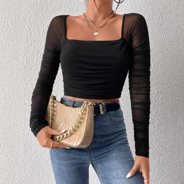 Dame Transparent Langærmet Bluse med Figurtilpasset Pasform Stilla