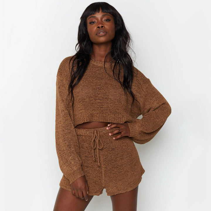 Damer Crop Strik Suit med Løse Shorts og Elegant Ærmer Skovae
