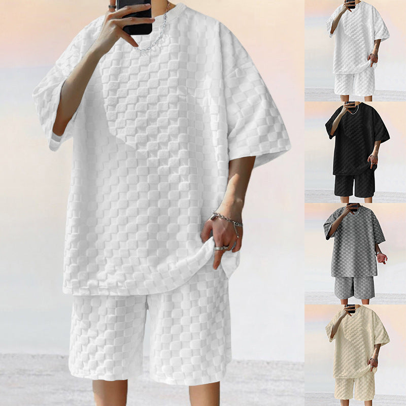 Unisex nan struktureret relief-sæt lavet af honningcomb-jersey med oversized skjorte og knælang shorts Skovae