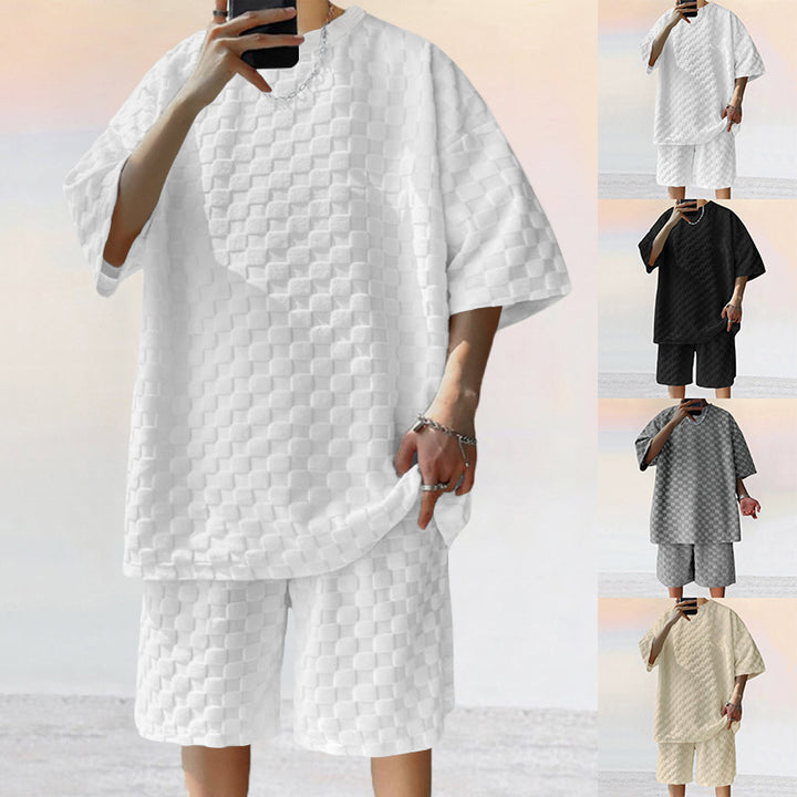 Unisex nan struktureret relief-sæt lavet af honningcomb-jersey med oversized skjorte og knælang shorts Skovae