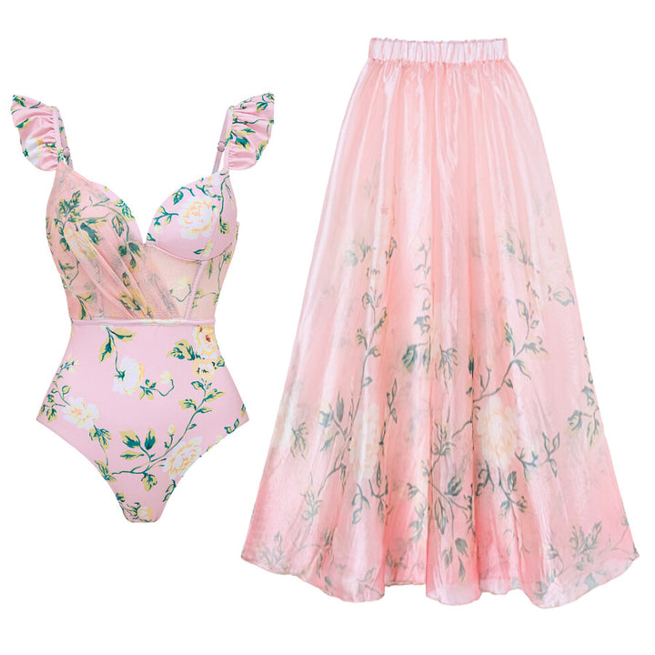 Dame bikini-sæt med blomsterdetaljer og luftig maxi-nederdel Skovae