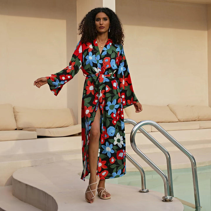 Dame elegant blomster-kaftan med sidelids Stilla