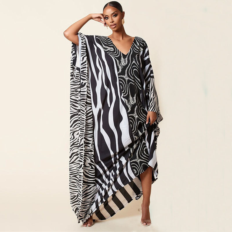 Dame elegant Kaftan med kunstnerisk zebramønster og glitrende accenter Stilla