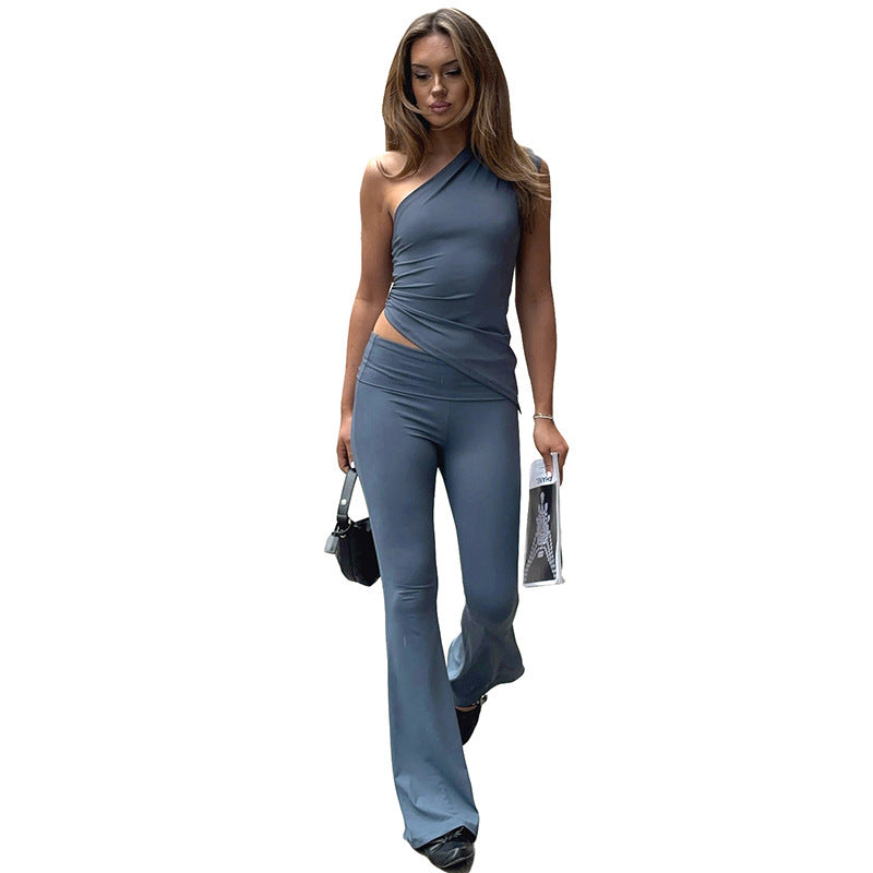 Dame asymmetrisk jumpsuit med dekorativ viklook og blødt, strækbart materiale Skovae