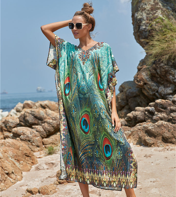 Dame Kaftan med kunstnerisk påfuglemotiv Stilla