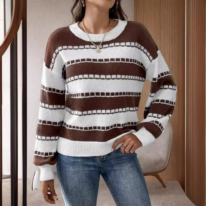 Dames moderigtige chunky strikket sweater med brede striber og afslappede ærmer Stilla
