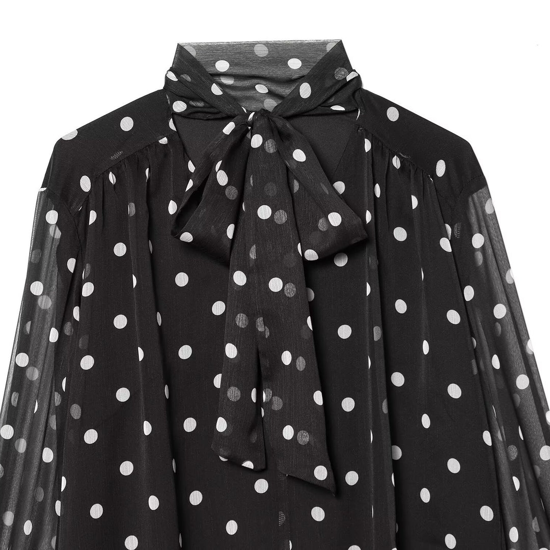 Dame transparent bluse med sløjfe krave i polka-dot design Skovae