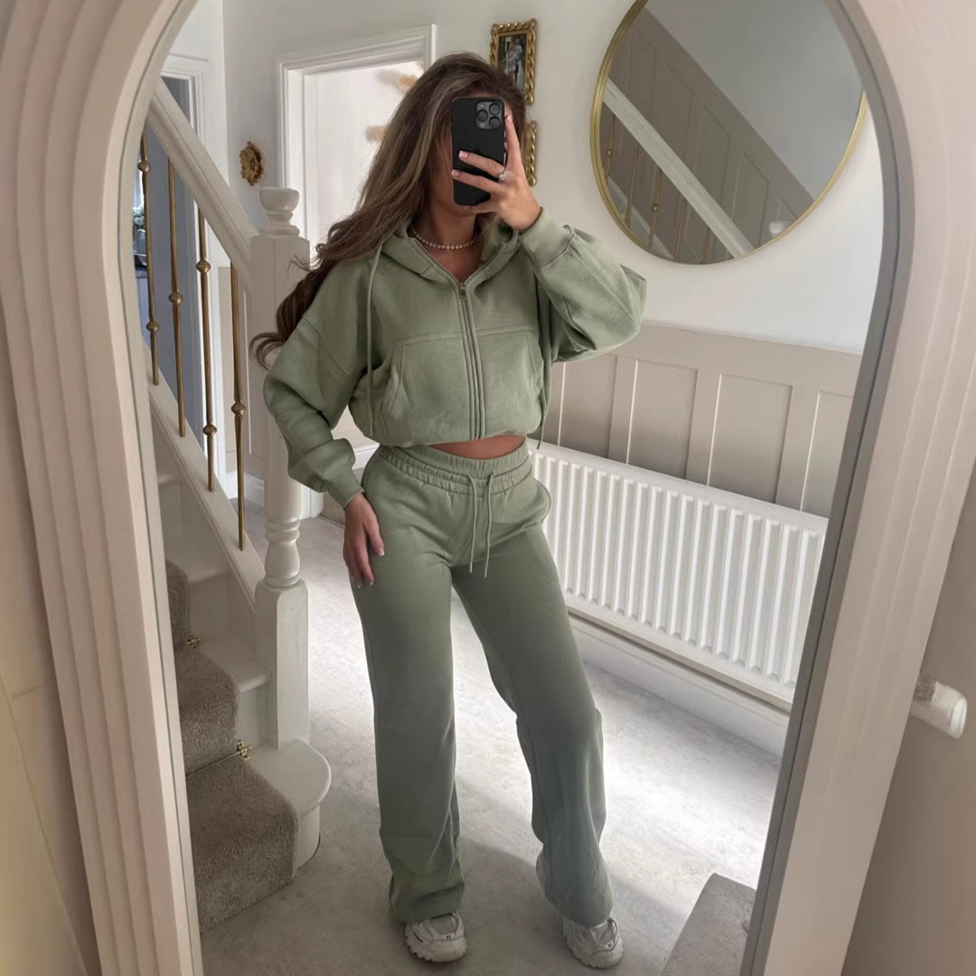 Kvinder casual zip hoodie og loose fit joggingbukser sæt Skovae