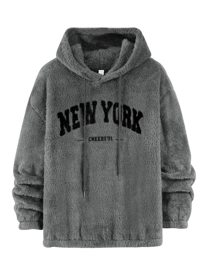 Unisex nan hyggelig fleece-hættetrøje med chenille-logo, hætte og elastisk bund Skovae
