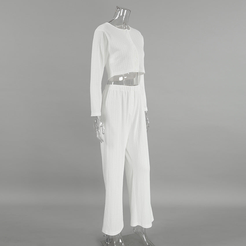 Dame hyggeligt strikket loungewear-sæt med knaplukning og løs pasform Stilla