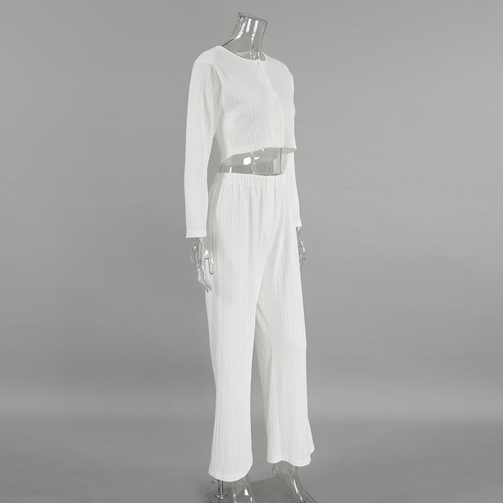 Dame hyggeligt strikket loungewear-sæt med knaplukning og løs pasform Stilla