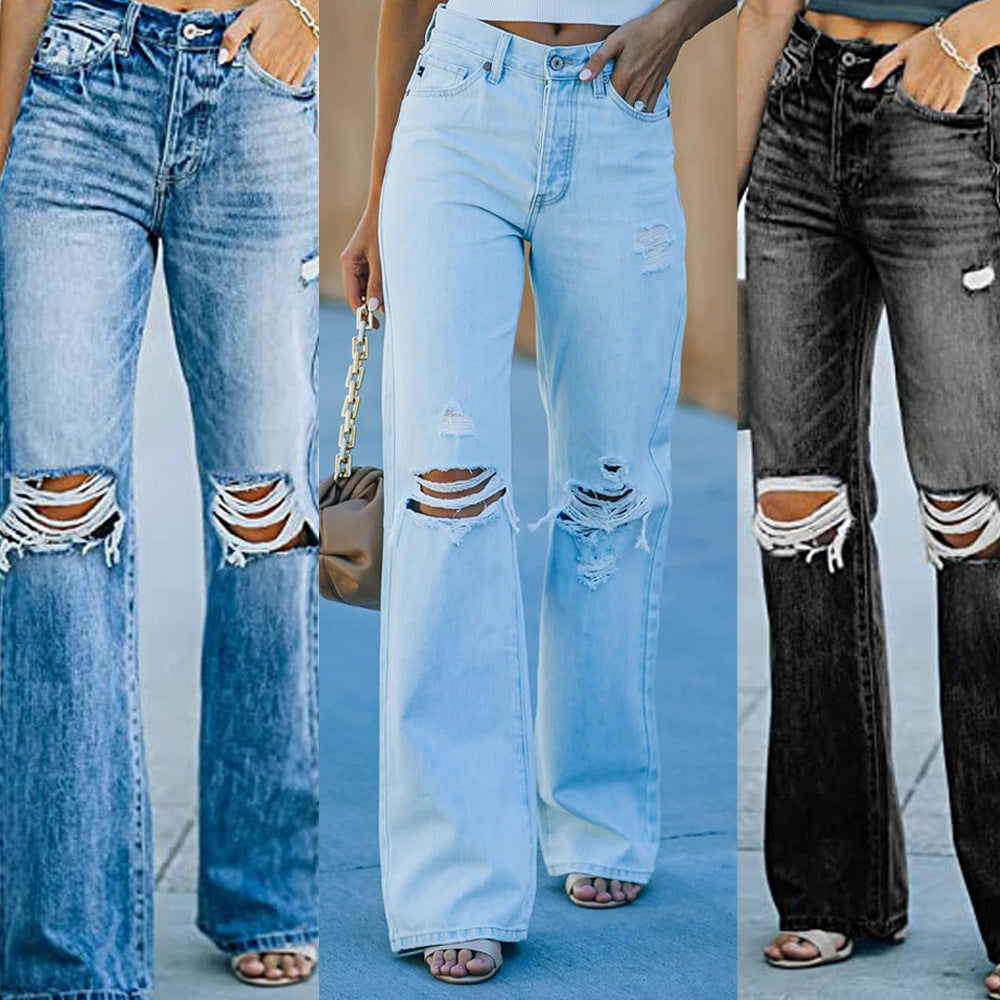Dame brede jeans i destroyed-stil med høje lommer og autentiske detaljer Stilla