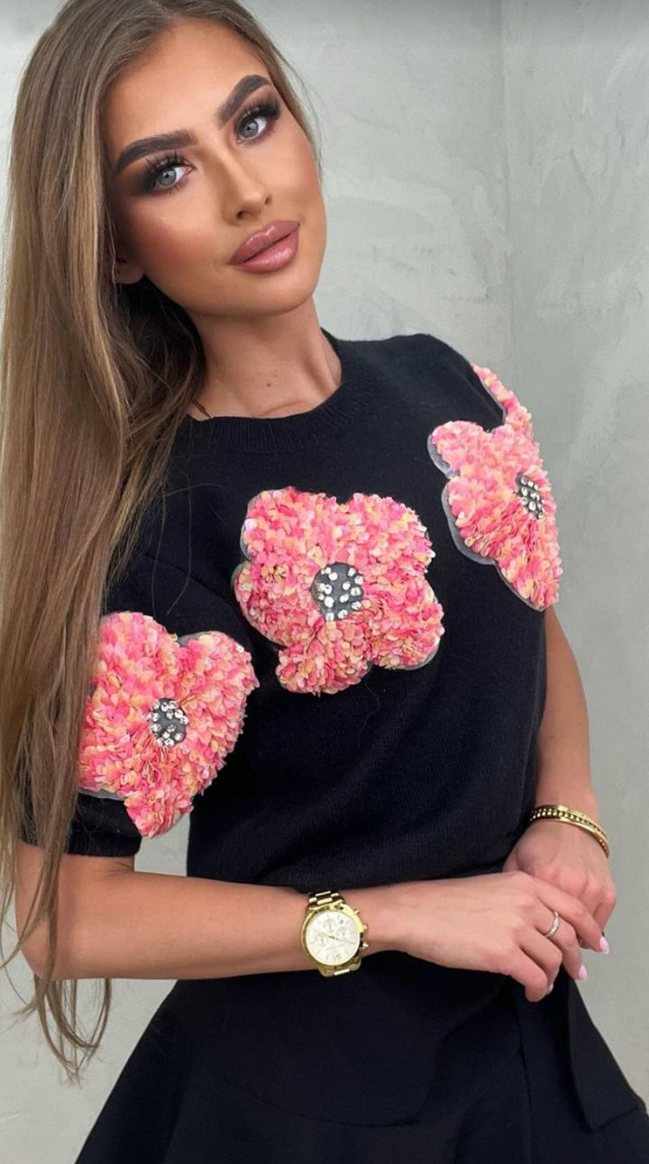 Dame strikpullover med blomster 3D-design Stilla