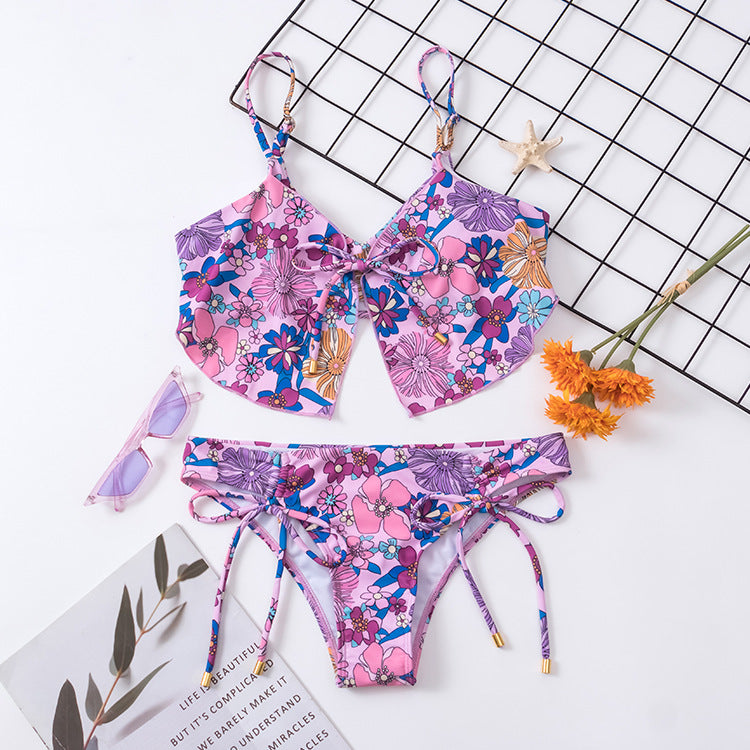 Dame Crop-Top-Bikini-Sæt med blomsterdesign og sidelæns bindebånd Stilla