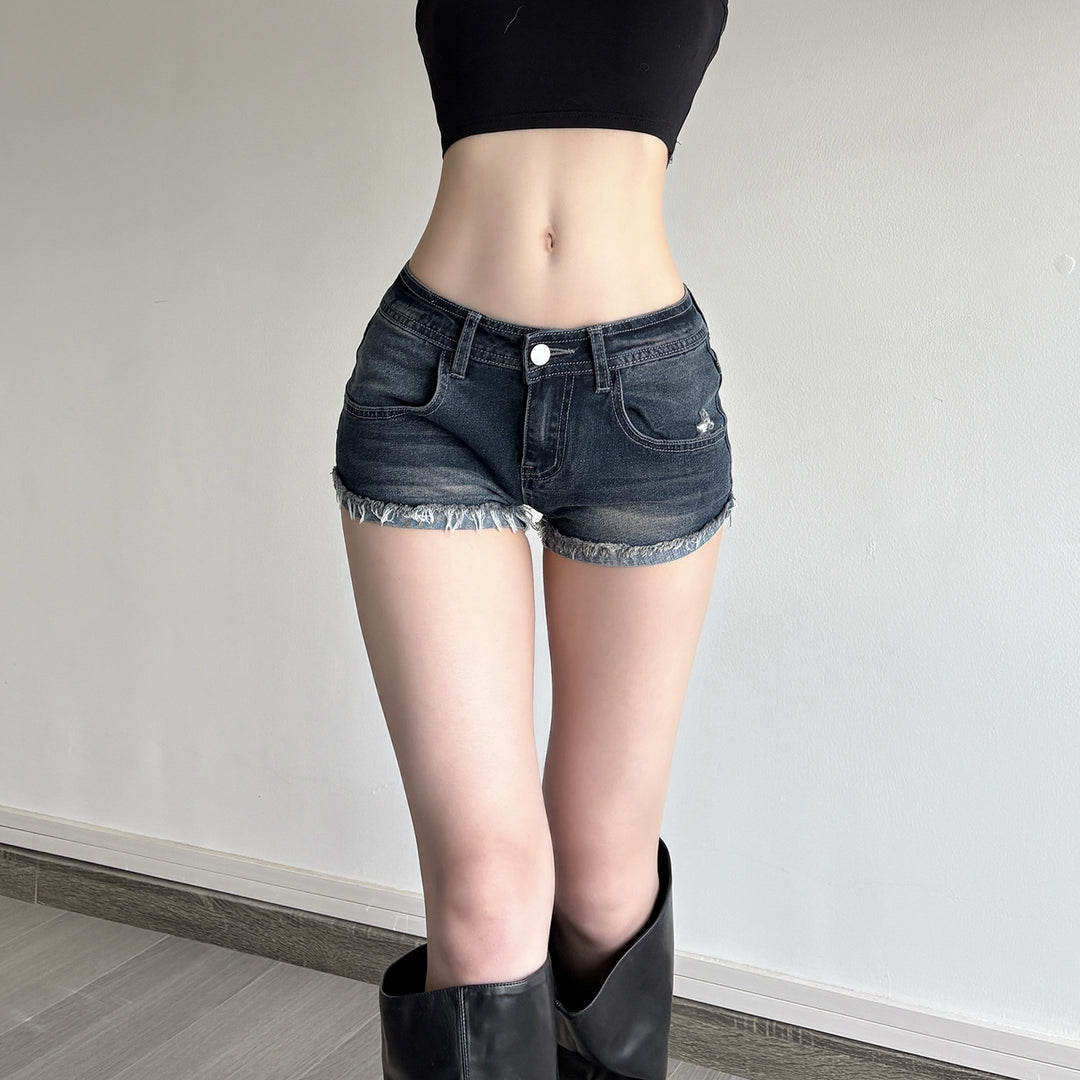 Dame Denim-shorts med frynsede kanter Skovae