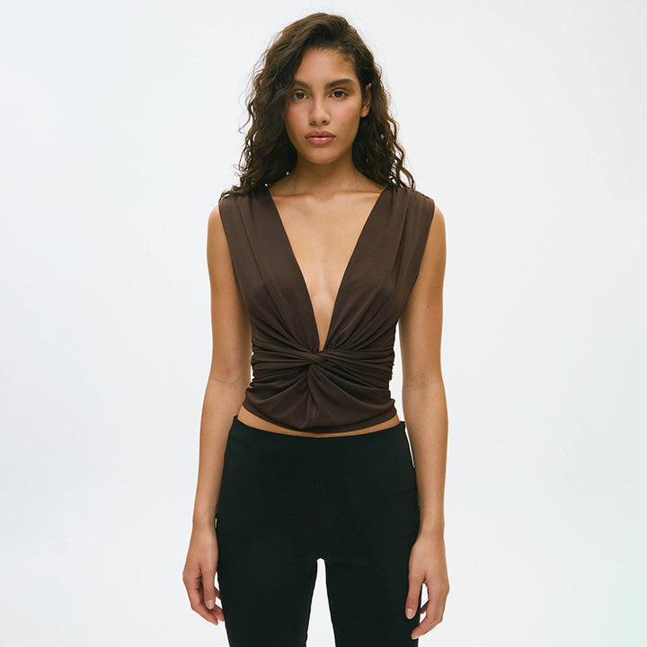 Damen elegantes Wickeloberteil mit tiefem V-Ausschnitt und raffinierter Drapierung Skovae
