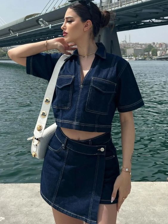 Dame Løs Denim-Crop-Top med matchende Nederdel Stilla