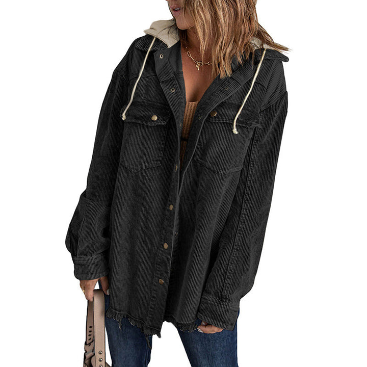 Stilla | Jakke med hætte Oversized Fit Cord-struktur Knaplukning Frynsekrans