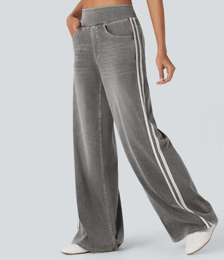 Damerne let baggy joggingbukser i jeanslook med elastisk komforttalje, sidelæssede kontraststriber og stiklommer Skovae