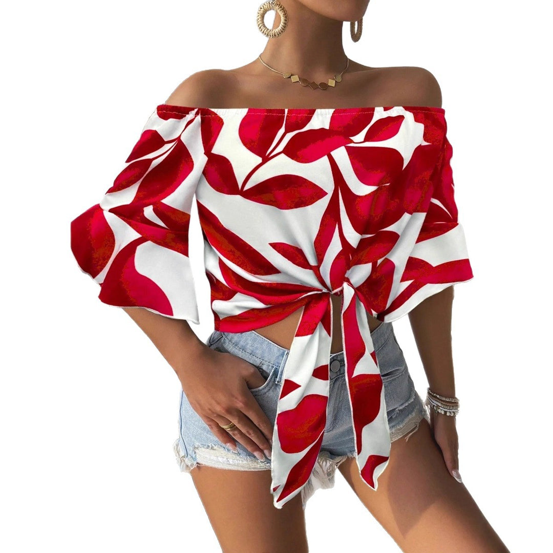 Dame Off-Shoulder Bluse med blomstermønster og justerbar knude Skovae