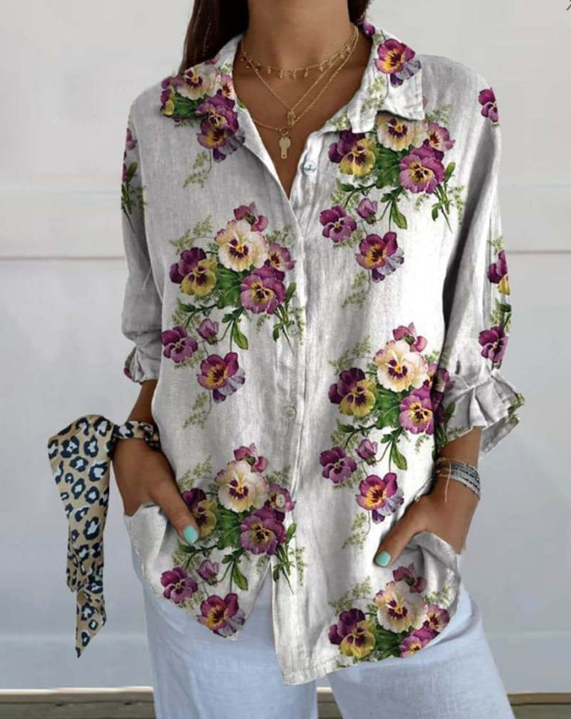 Dame nan lette linnedlook-skjorte med blomsterprint, løs pasform, opkræftelige ærmer og sidelommer Skovae